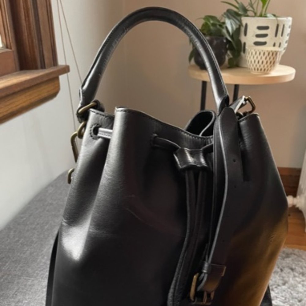 Madewell Lafayette Black Leather Drawstring Bucket Bag with Crossbody strap